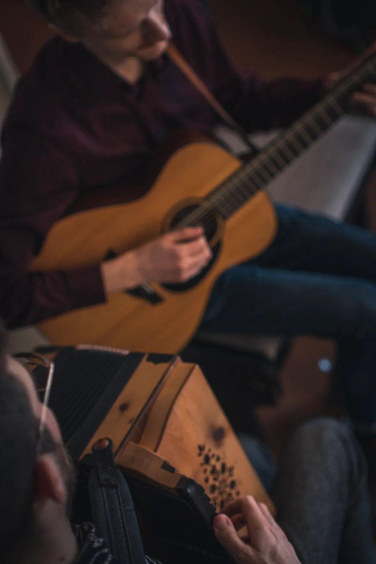 Close-up of hands on guitar and Styrian accordion