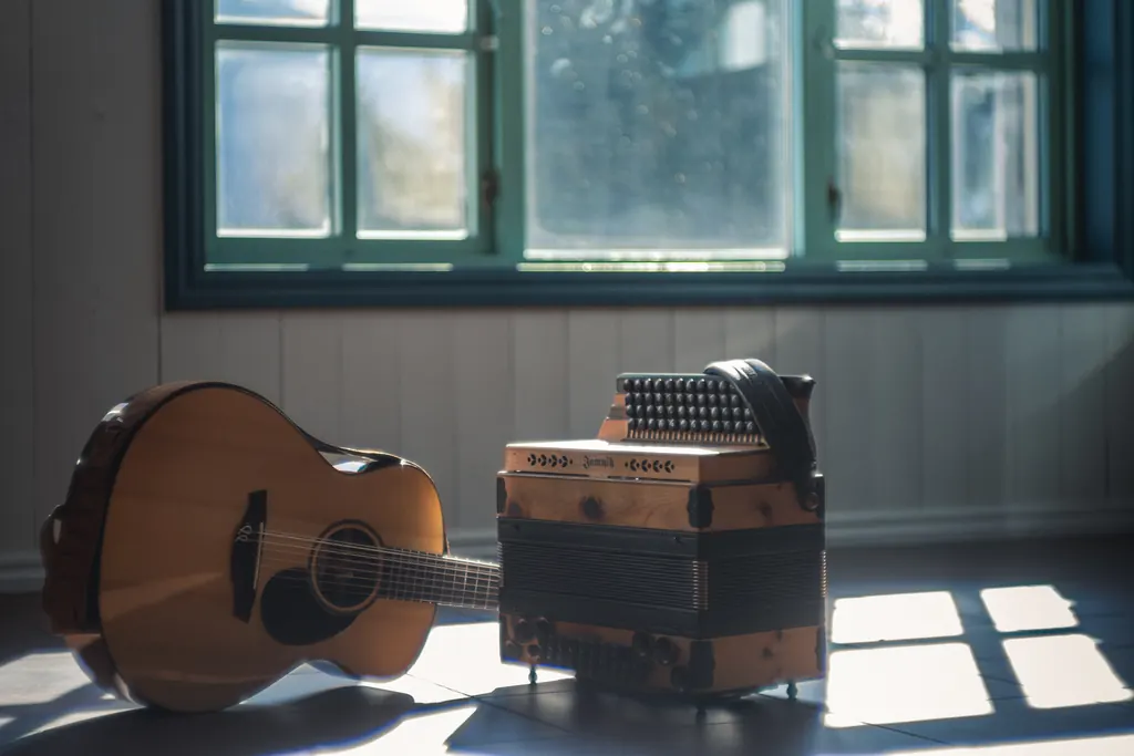 Guitar and Styrian accordion resting in sunlight by a large window